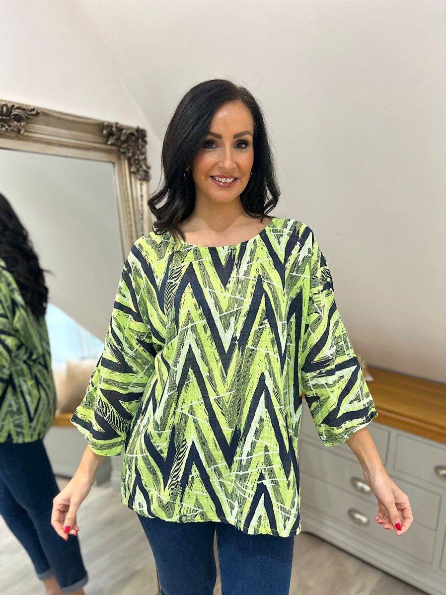 Clothing Link Moda Long Sleeve | Lime Zig Zag Patterned Top Donna