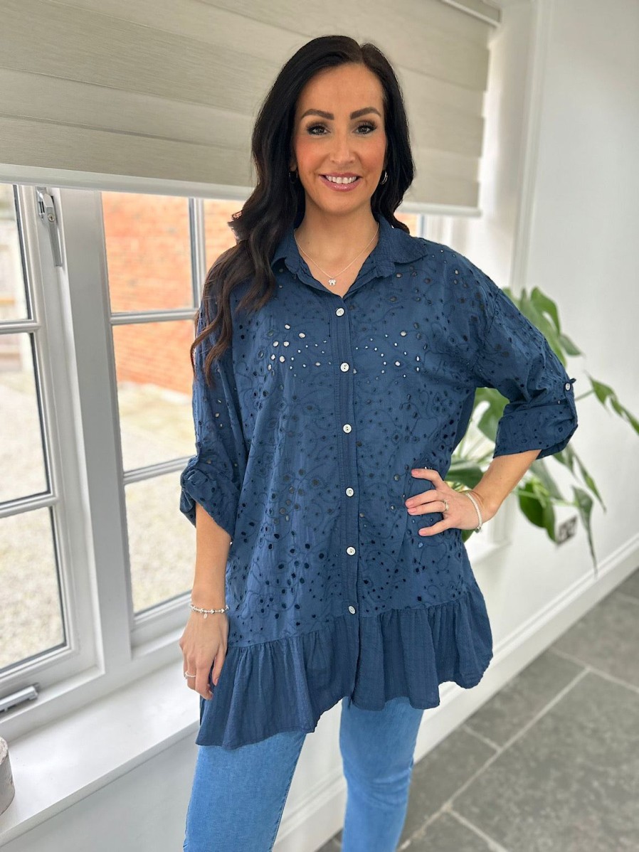 Clothing Elisa Ye Shirts & Blouses | Navy Broderie Anglaise Frill Hem Tunic Devon