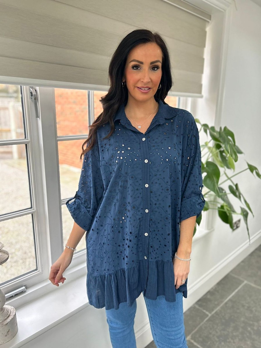 Clothing Elisa Ye Shirts & Blouses | Navy Broderie Anglaise Frill Hem Tunic Devon