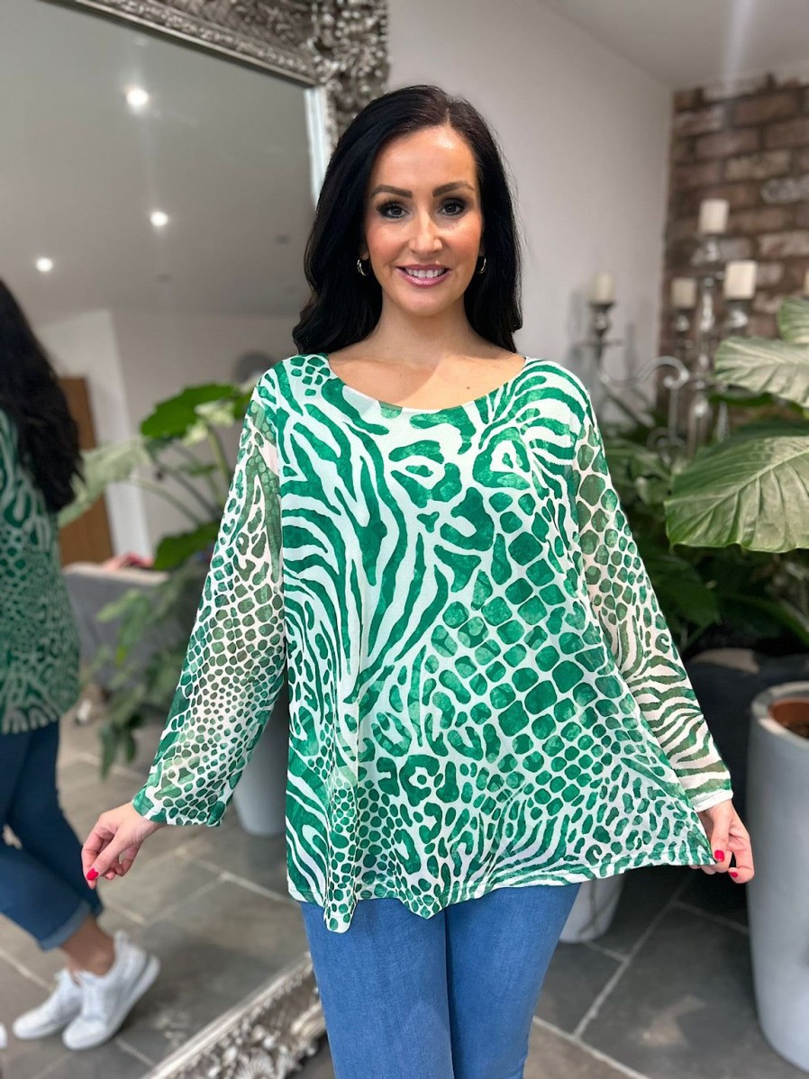 Clothing Miss One Shirts & Blouses | Green Multi Animal Print Mesh Top Gina