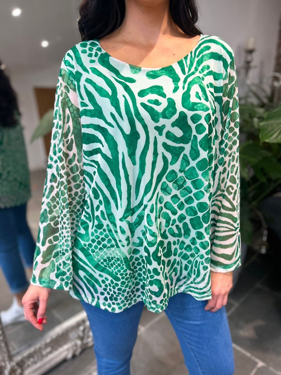 Clothing Miss One Shirts & Blouses | Green Multi Animal Print Mesh Top Gina