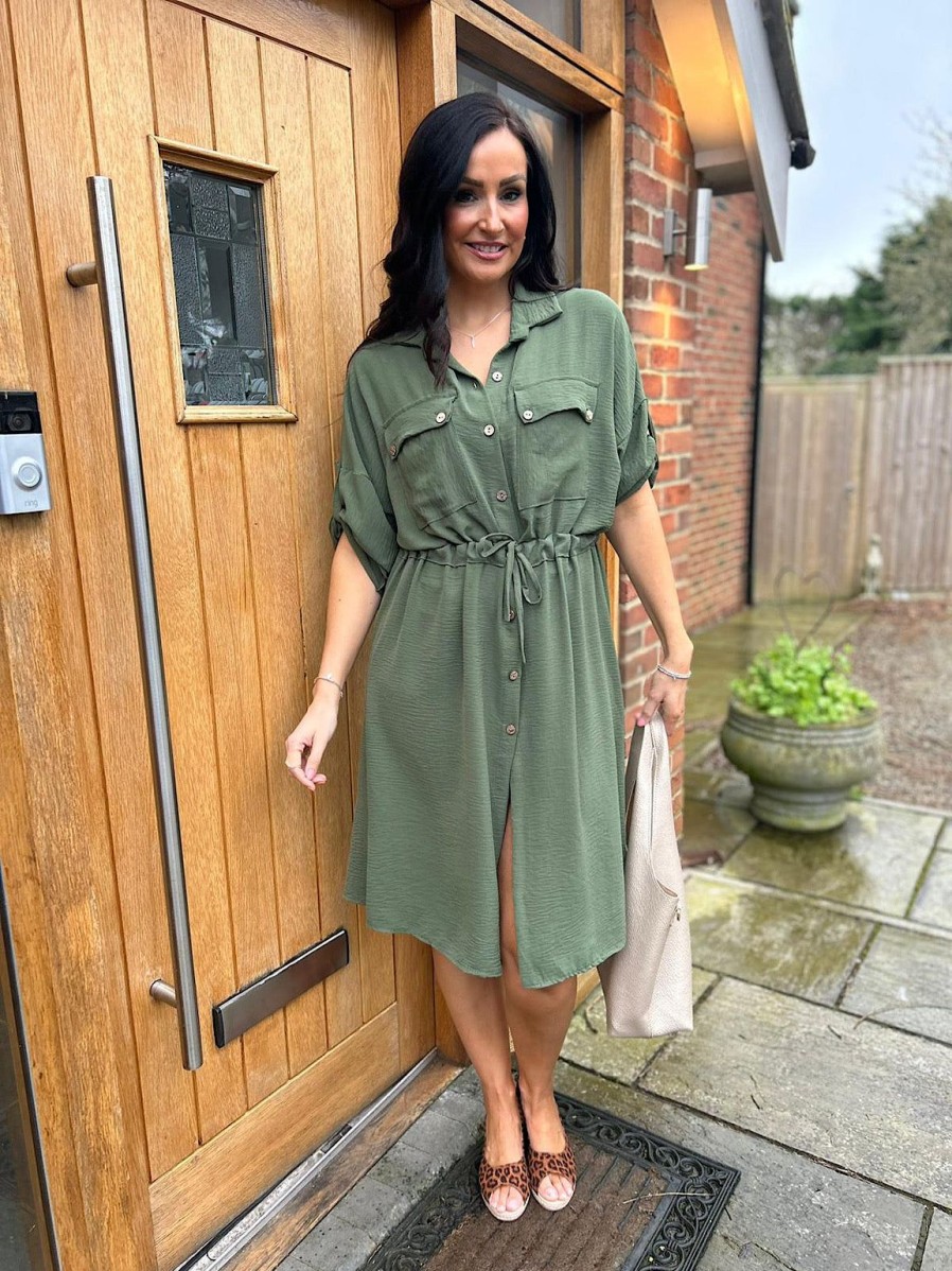 Clothing Gold Fashion | Khaki Crepe Tie Waist Shirt Dress Francesca