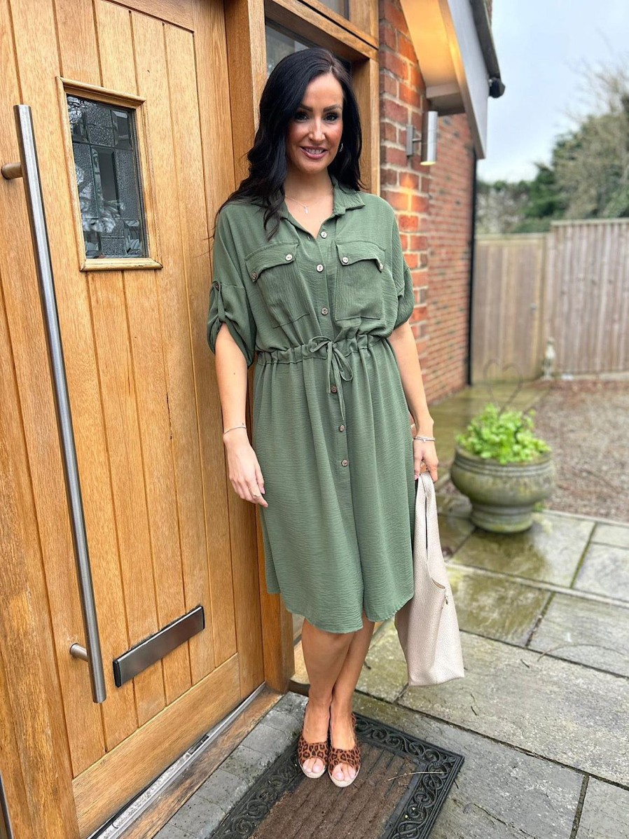 Clothing Gold Fashion | Khaki Crepe Tie Waist Shirt Dress Francesca