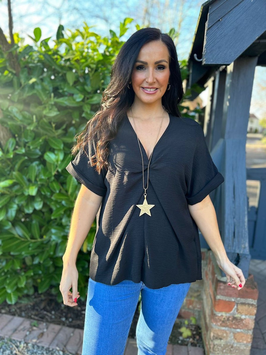 Clothing Gold Fashion Shirts & Blouses | Black Twist Front Crepe Blouse Elizabeth