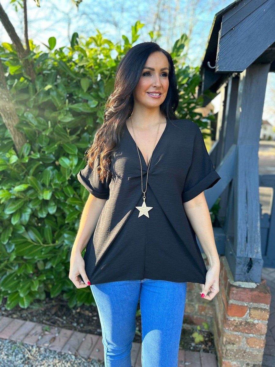 Clothing Gold Fashion Shirts & Blouses | Black Twist Front Crepe Blouse Elizabeth