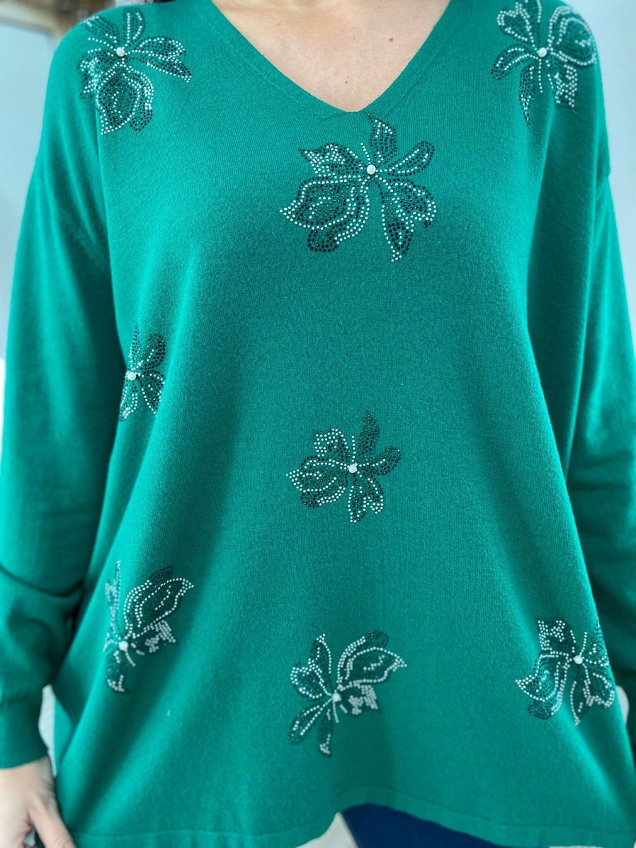 Clothing Sarl Good Luck Fine Knit | Green Embellished Flower Knit Joanna