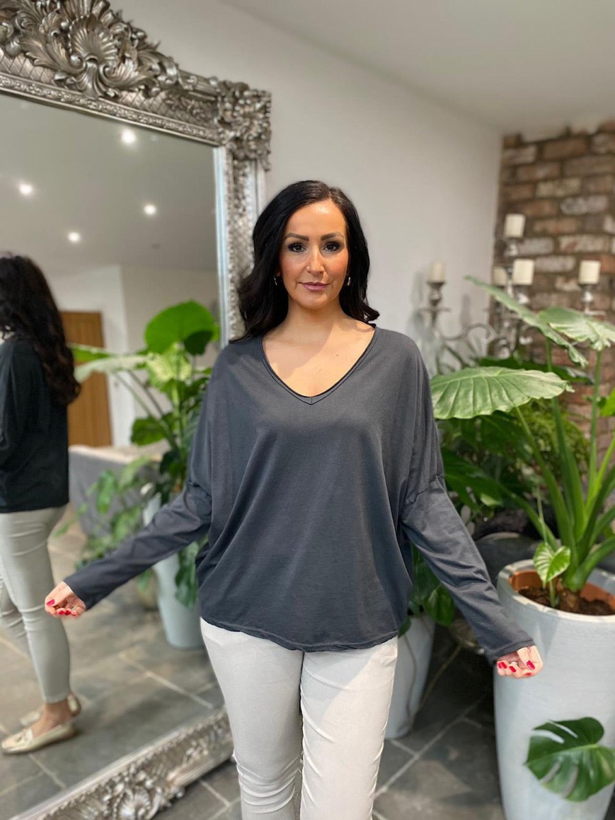 Clothing Anita Moda Long Sleeve | Charcoal V Neck Top Averi