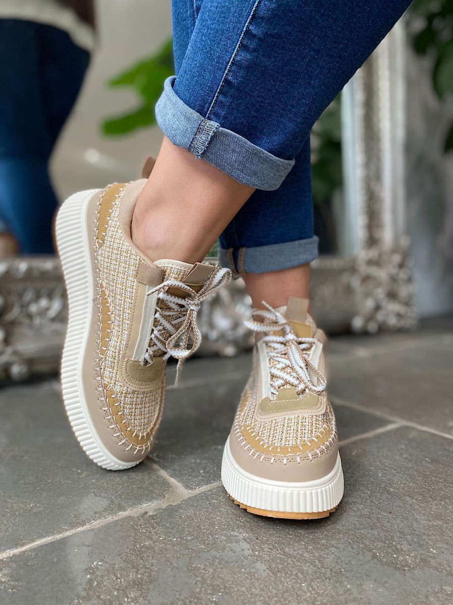 Footwear Gallevani | Tan Multi Texture Platform Trainers