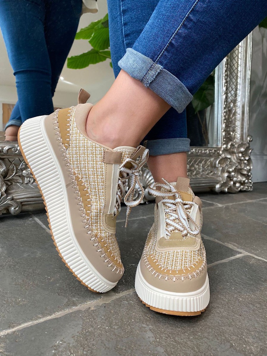 Footwear Gallevani | Tan Multi Texture Platform Trainers