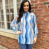 Clothing Shengtai Shirts & Blouses | Blue High Neck Brushstroke Stripe Blouse Susan