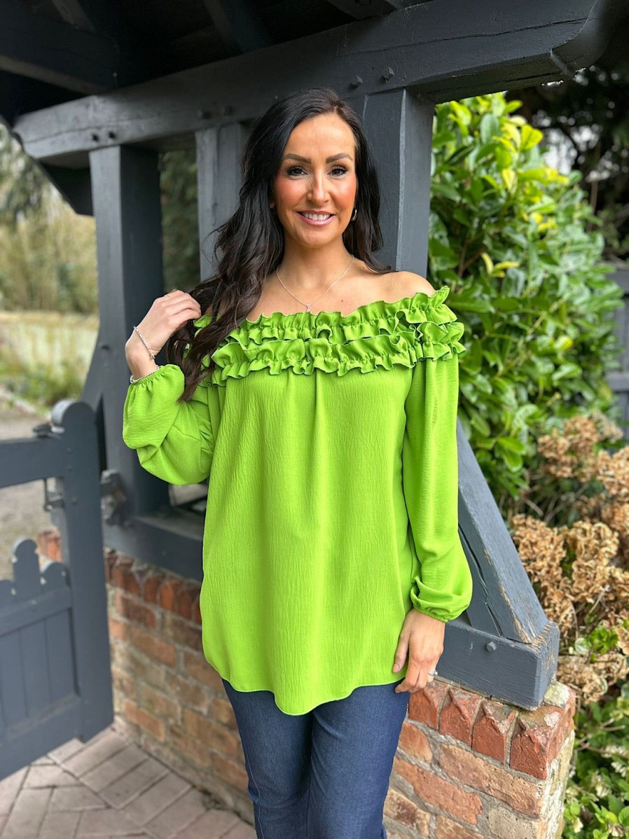 Clothing Gold Fashion Long Sleeve | Green Ruffle Bardot Top Heidi