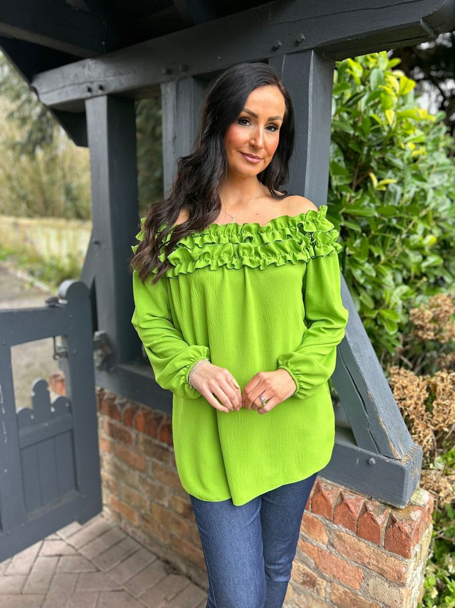 Clothing Gold Fashion Long Sleeve | Green Ruffle Bardot Top Heidi