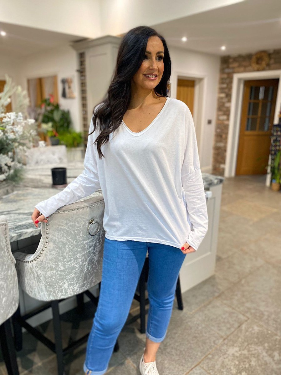 Clothing Anita Moda Long Sleeve | White V Neck Top Averi