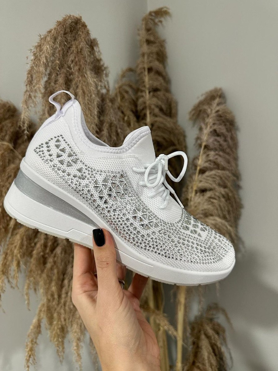 Footwear Gallevani | White Embellished Wedge Trainer