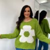 Clothing Paris Collection Chunky Knitwear | Green Popcorn Knit Floral Jumper Delilah