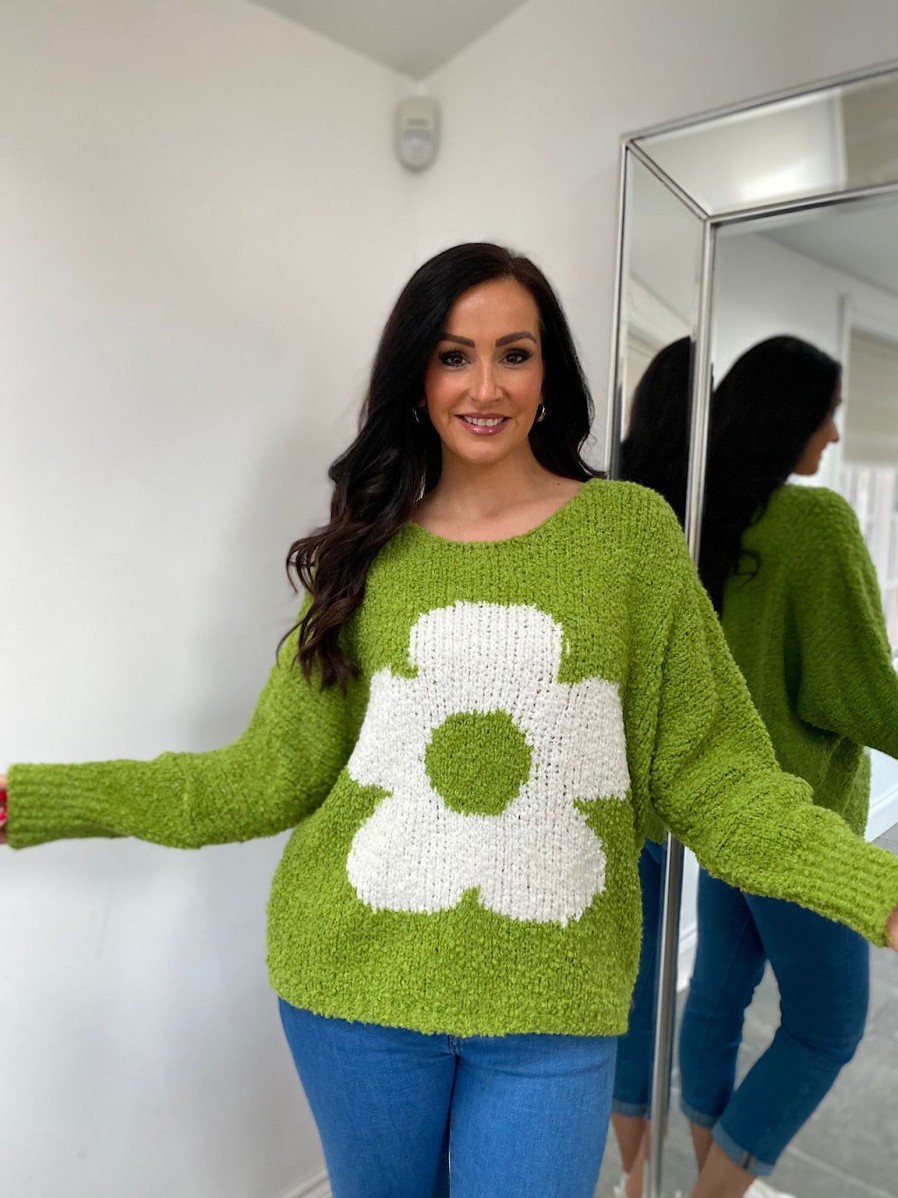 Clothing Paris Collection Chunky Knitwear | Green Popcorn Knit Floral Jumper Delilah