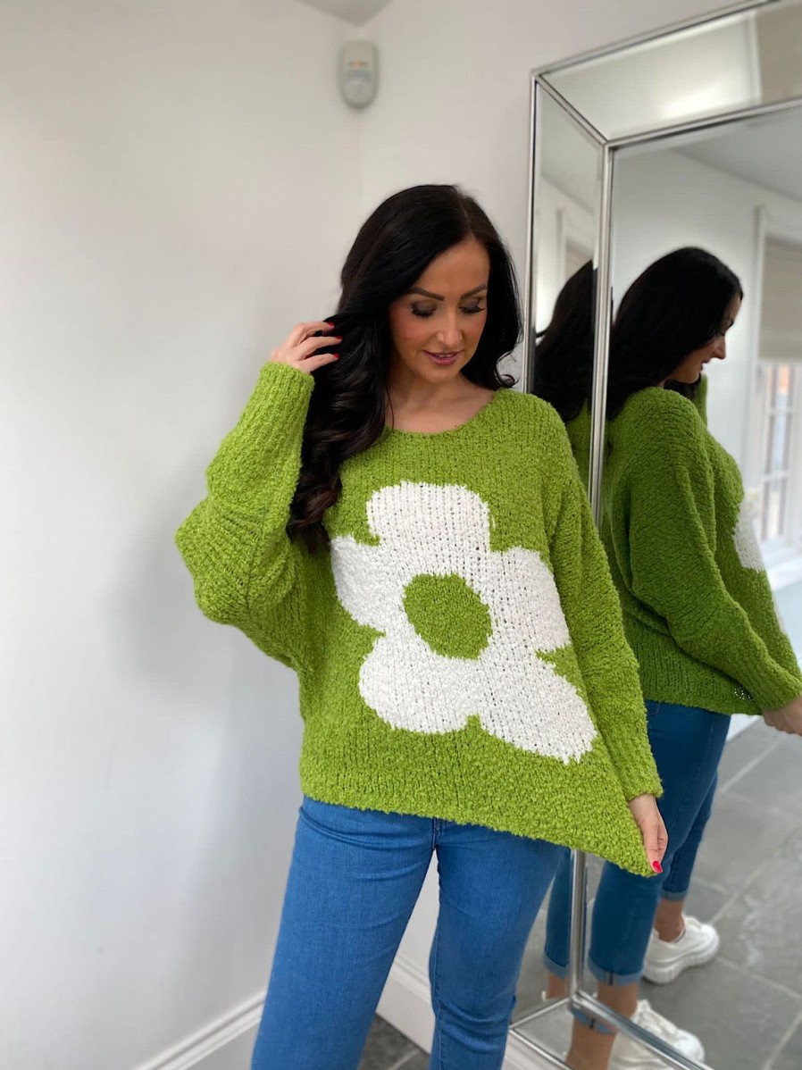 Clothing Paris Collection Chunky Knitwear | Green Popcorn Knit Floral Jumper Delilah