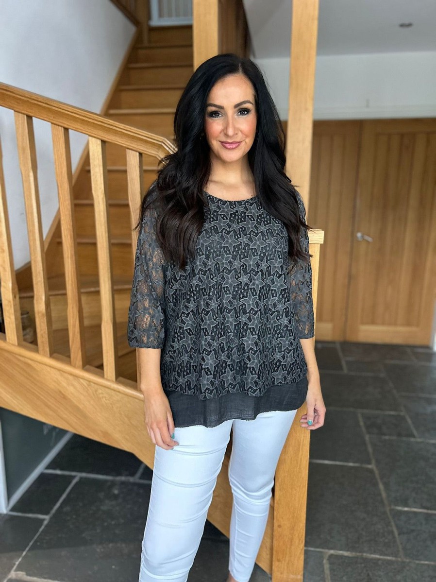 Clothing Link Moda Long Sleeve | Black Multi Star Layered Lace Top Sarah