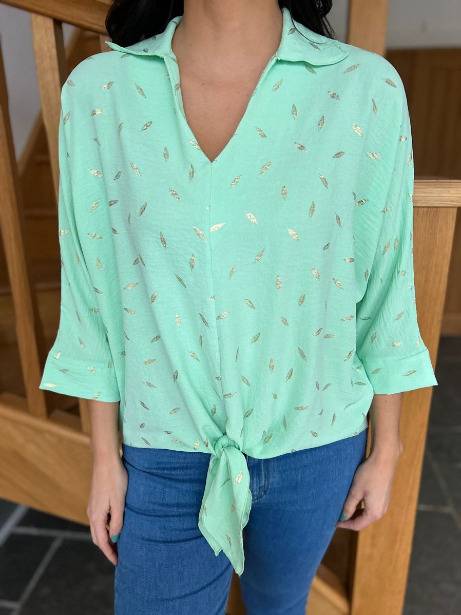 Clothing Paris Collection Shirts & Blouses | Mint Metallic Leaf Pattern Blouse Delia