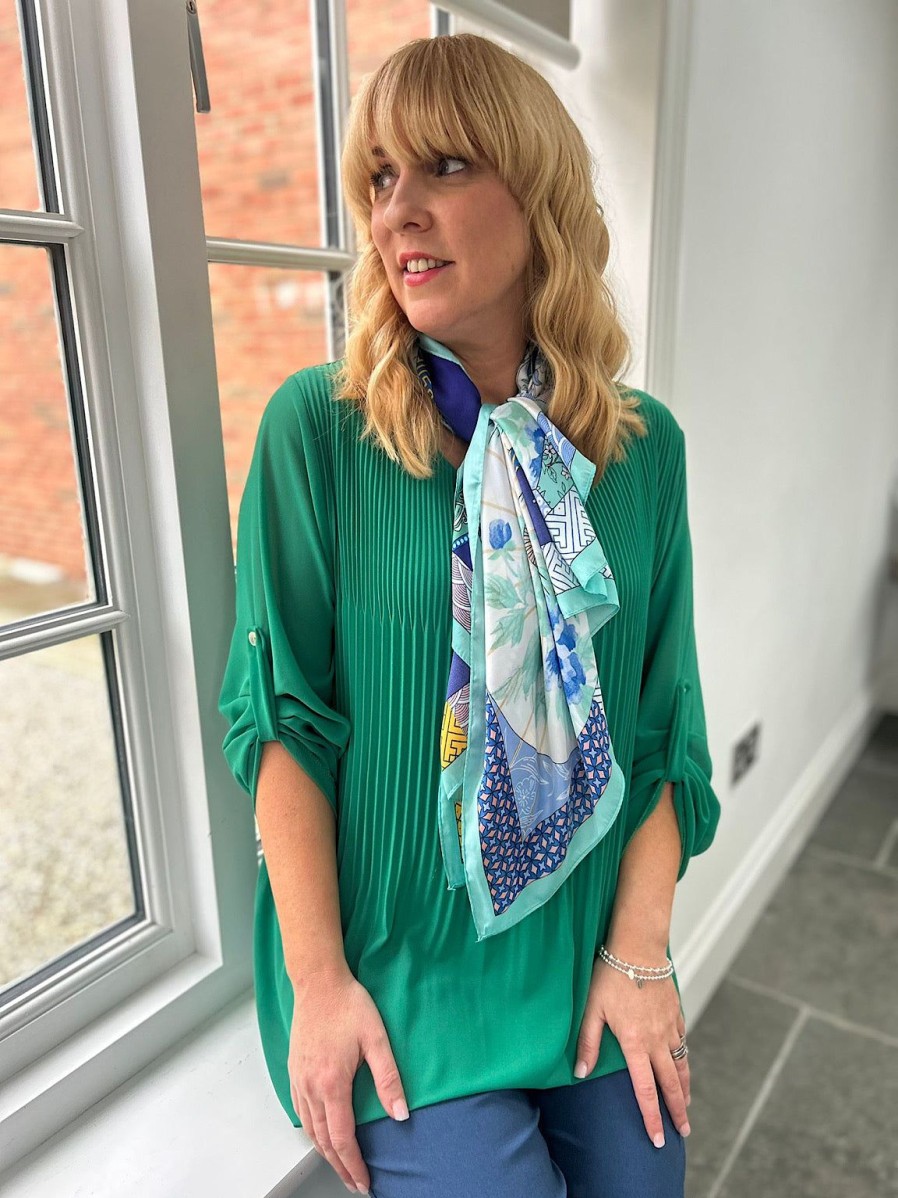 Clothing Miss One Shirts & Blouses | Green Button Sleeve Pleated Blouse Elaine