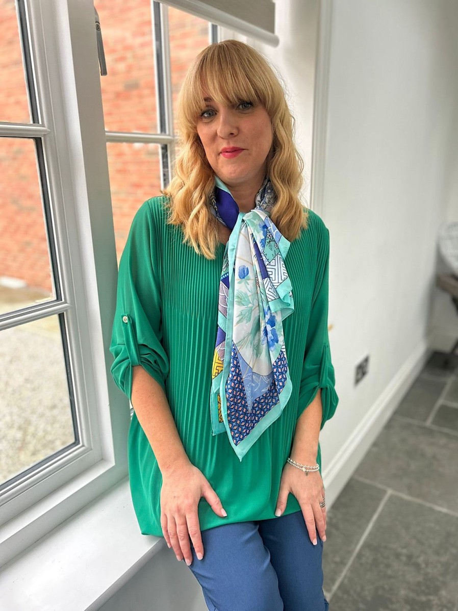 Clothing Miss One Shirts & Blouses | Green Button Sleeve Pleated Blouse Elaine