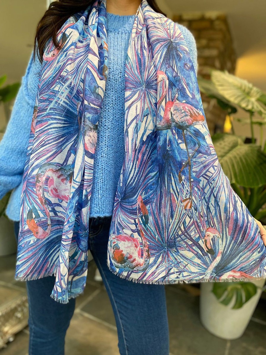 Bags & Accessories Fashion Scarf World | Blue Flamingo Tropical Leaf Raw Edge Scarf