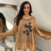 Clothing Flexwear Long Sleeve | Tan Diamante Floral Chiffon Hem Top Delia