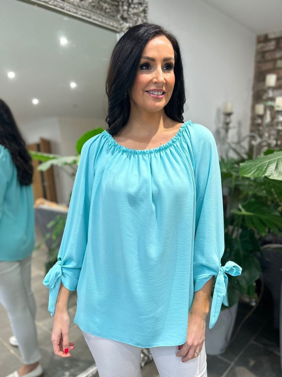 Clothing Kiki Mda Long Sleeve | Aqua Tied Sleeve Bardot Top Trinity