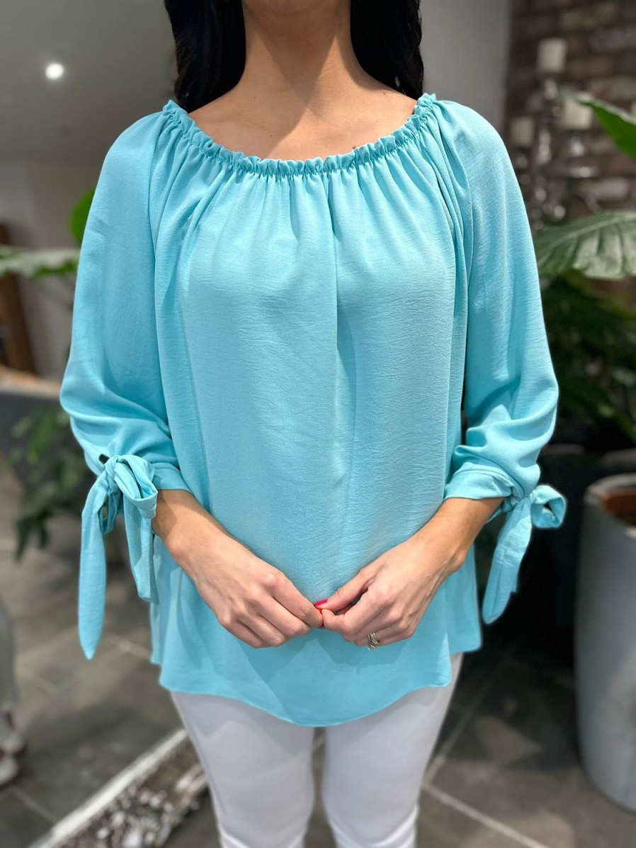 Clothing Kiki Mda Long Sleeve | Aqua Tied Sleeve Bardot Top Trinity