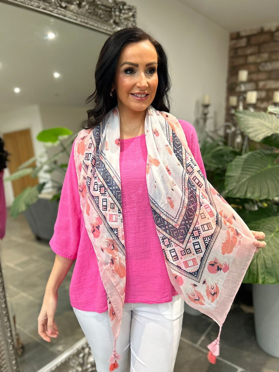 Bags & Accessories Fashion Scarf World | Pink Feather Border Tassel Scarf