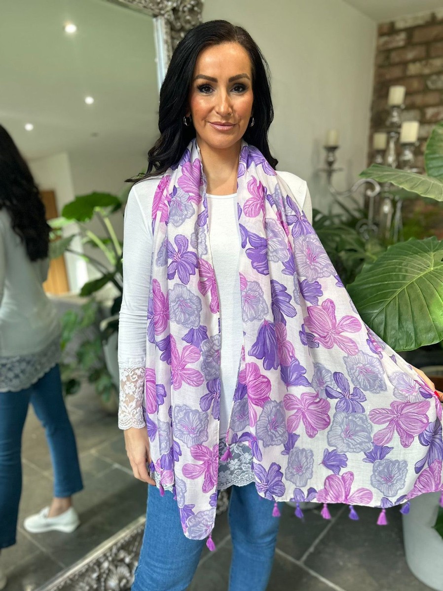 Bags & Accessories Twenty One Fashion | Purple Plumeria Flower Raw Edge Scarf