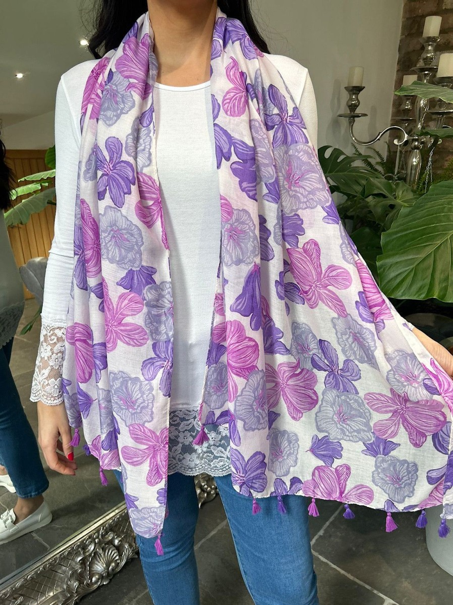 Bags & Accessories Twenty One Fashion | Purple Plumeria Flower Raw Edge Scarf