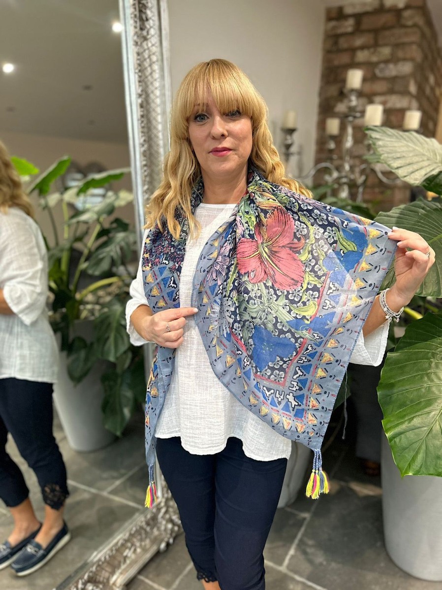 Bags & Accessories Fashion Scarf World | Denim Floral Aztec Border Tassel Scarf