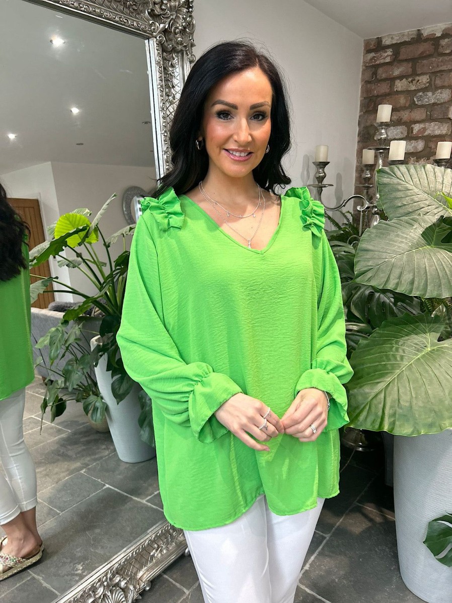 Clothing Shengtai Shirts & Blouses | Green Crepe Frill Shoulder Blouse Danni