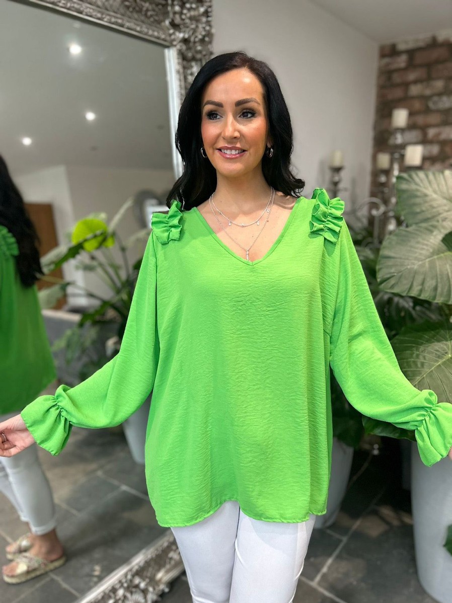 Clothing Shengtai Shirts & Blouses | Green Crepe Frill Shoulder Blouse Danni