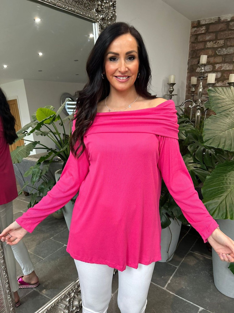 Clothing Shengtai Long Sleeve | Lipstick Pink Ribbed Off Shoulder Top Ruby