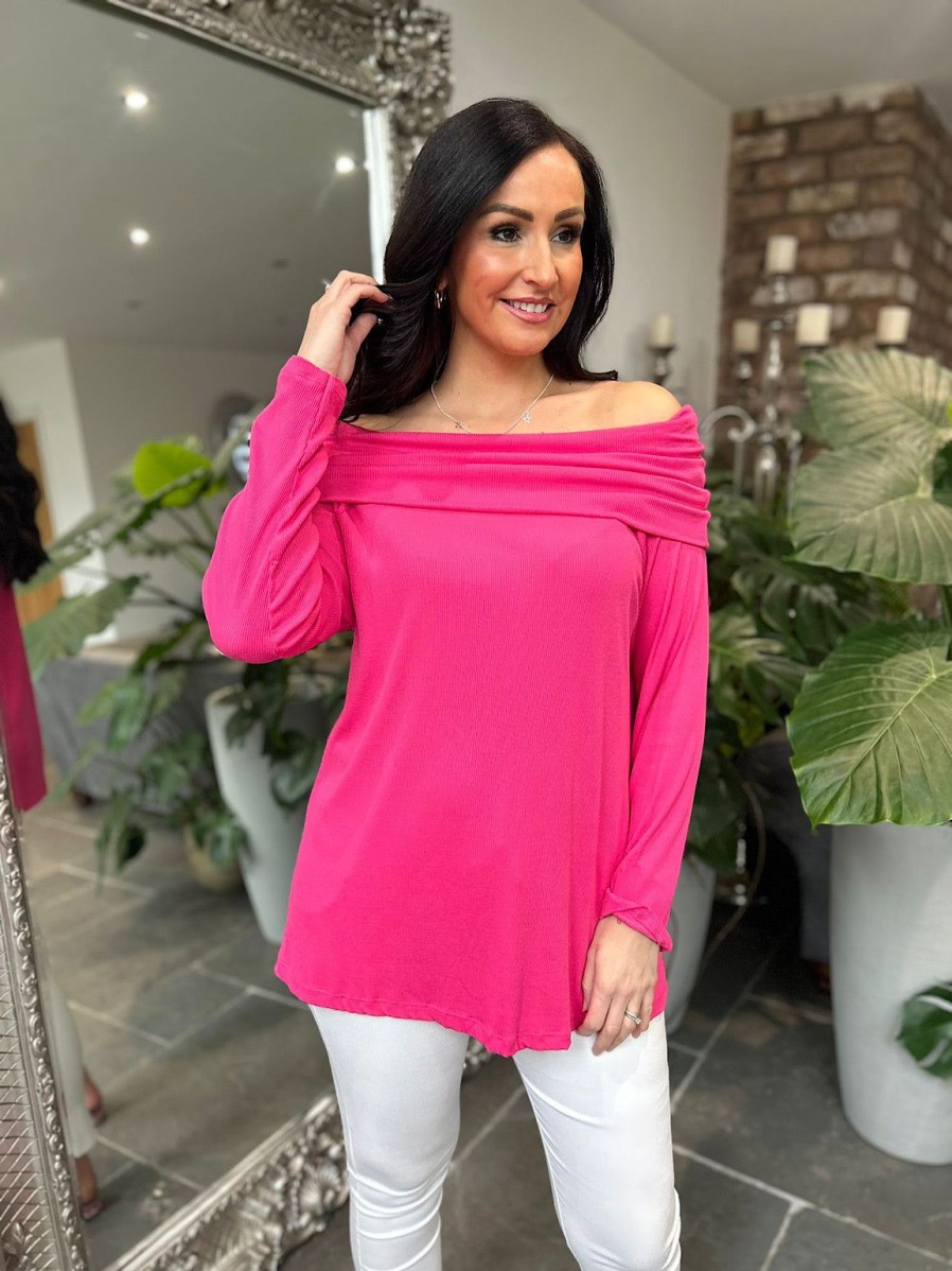 Clothing Shengtai Long Sleeve | Lipstick Pink Ribbed Off Shoulder Top Ruby