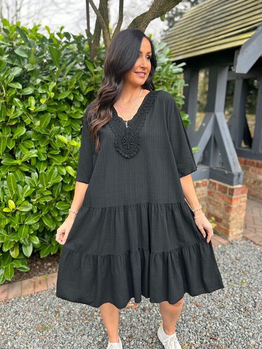 Clothing Elisa Ye | Black Crochet Tiered Tunic Dress Brenda