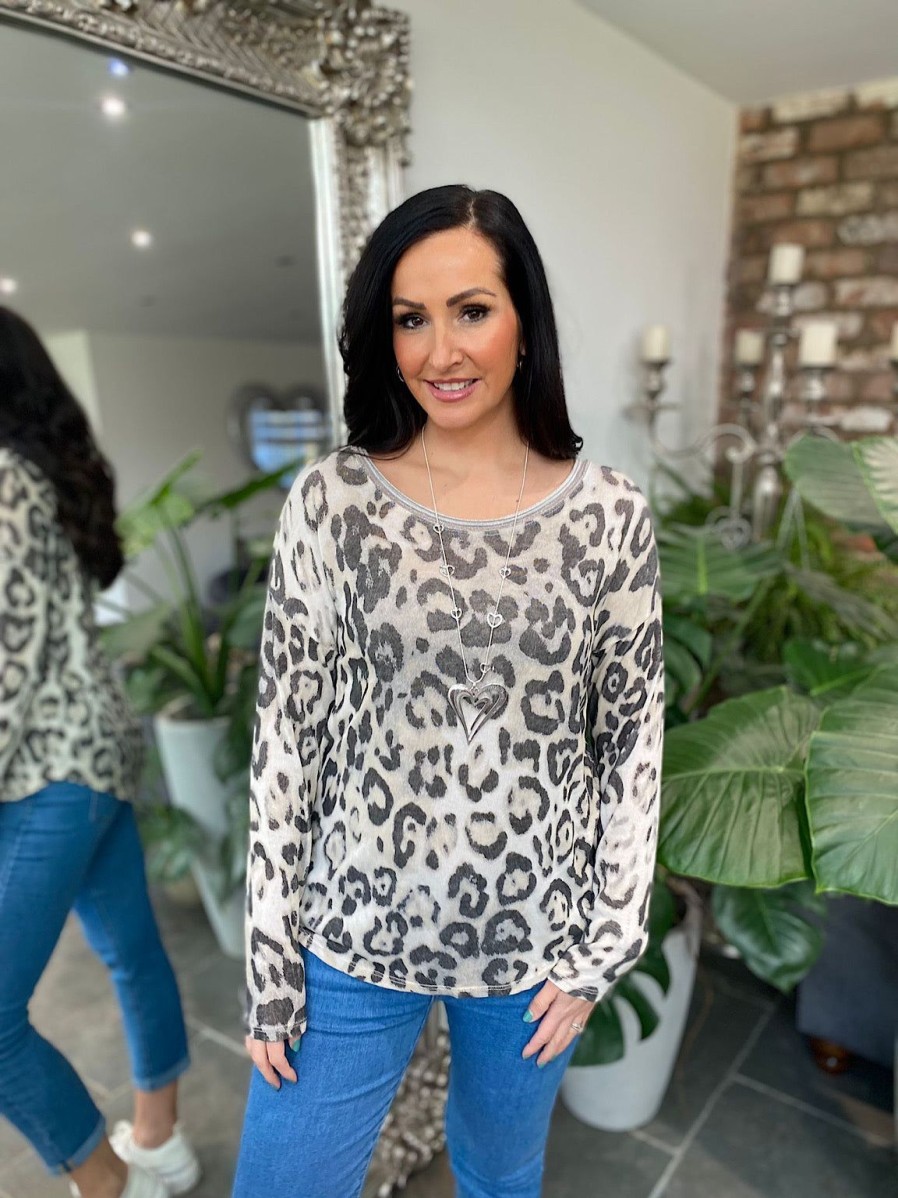 Clothing 5 Star Long Sleeve | Stone Leopard Shimmer Scoop Neck Top Evie