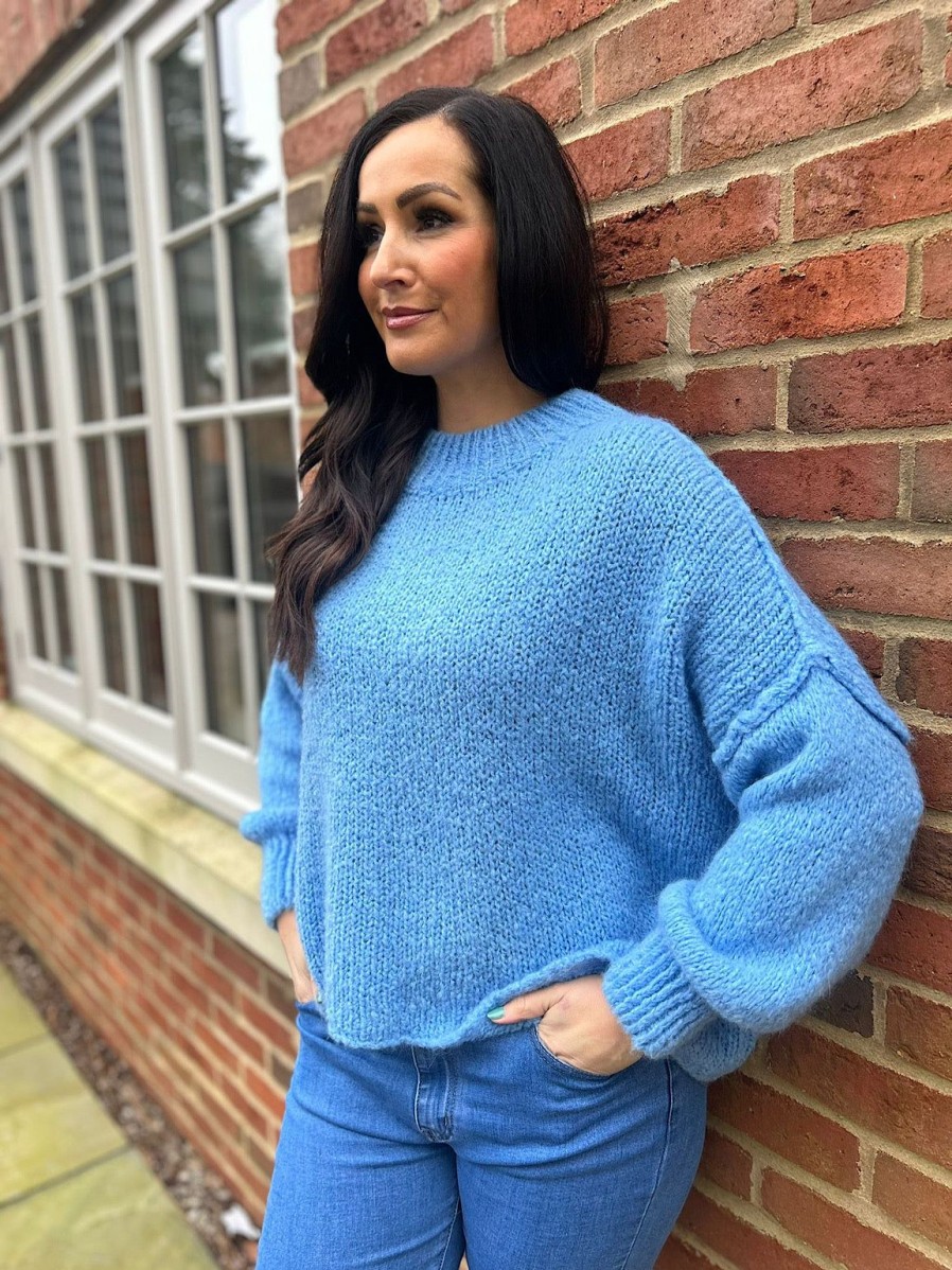 Clothing K8 Chunky Knitwear | Blue Ribbed Neck Premium Jumper Alex