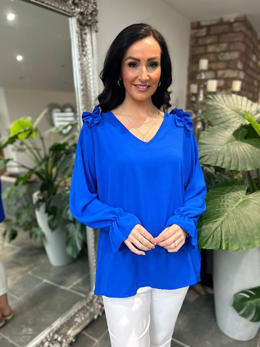 Clothing Shengtai Shirts & Blouses | Royal Blue Crepe Frill Shoulder Blouse Danni