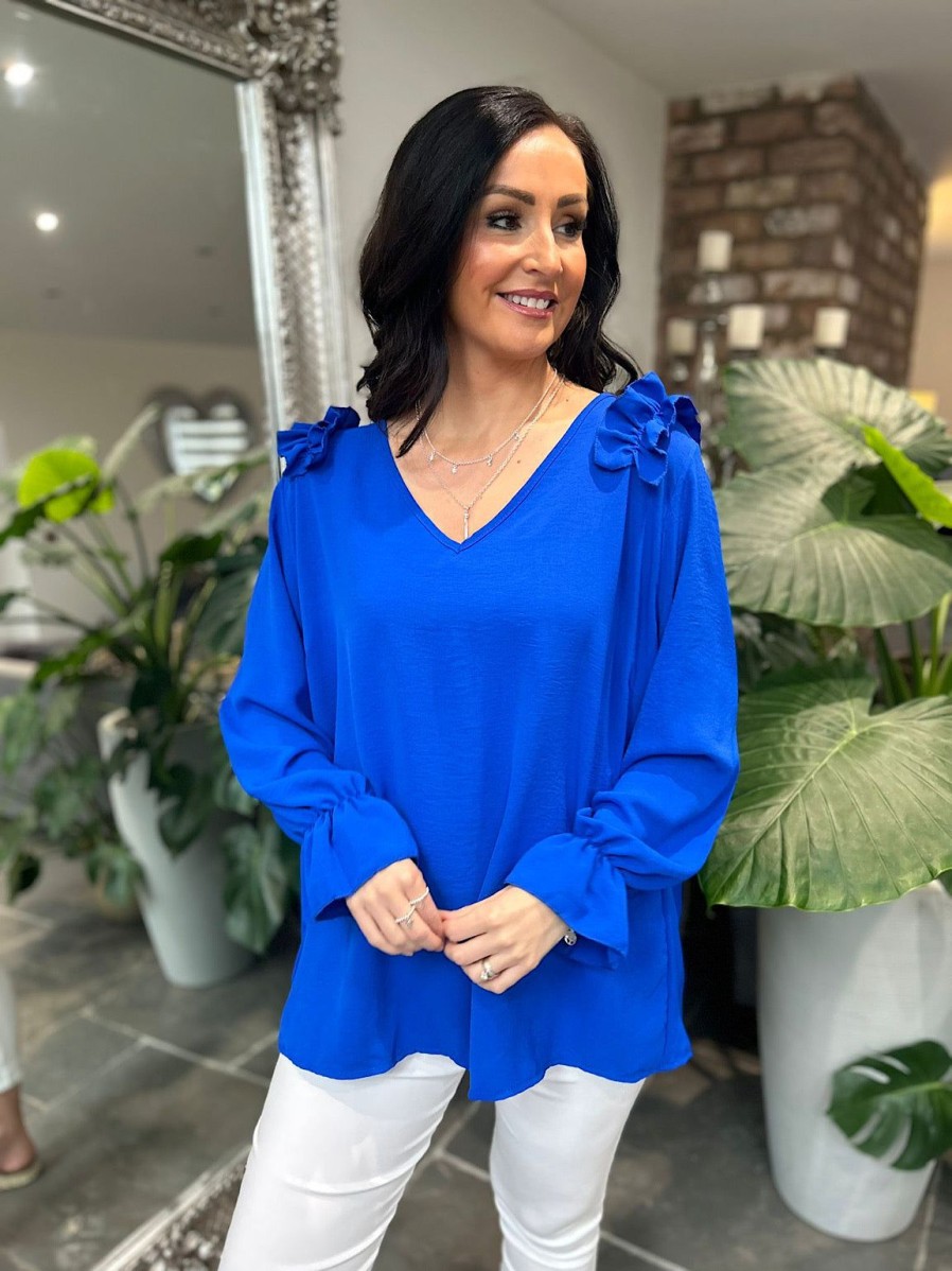 Clothing Shengtai Shirts & Blouses | Royal Blue Crepe Frill Shoulder Blouse Danni