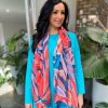 Bags & Accessories Fashion Scarf World | Red Tropical Leaf Print Raw Edge Scarf