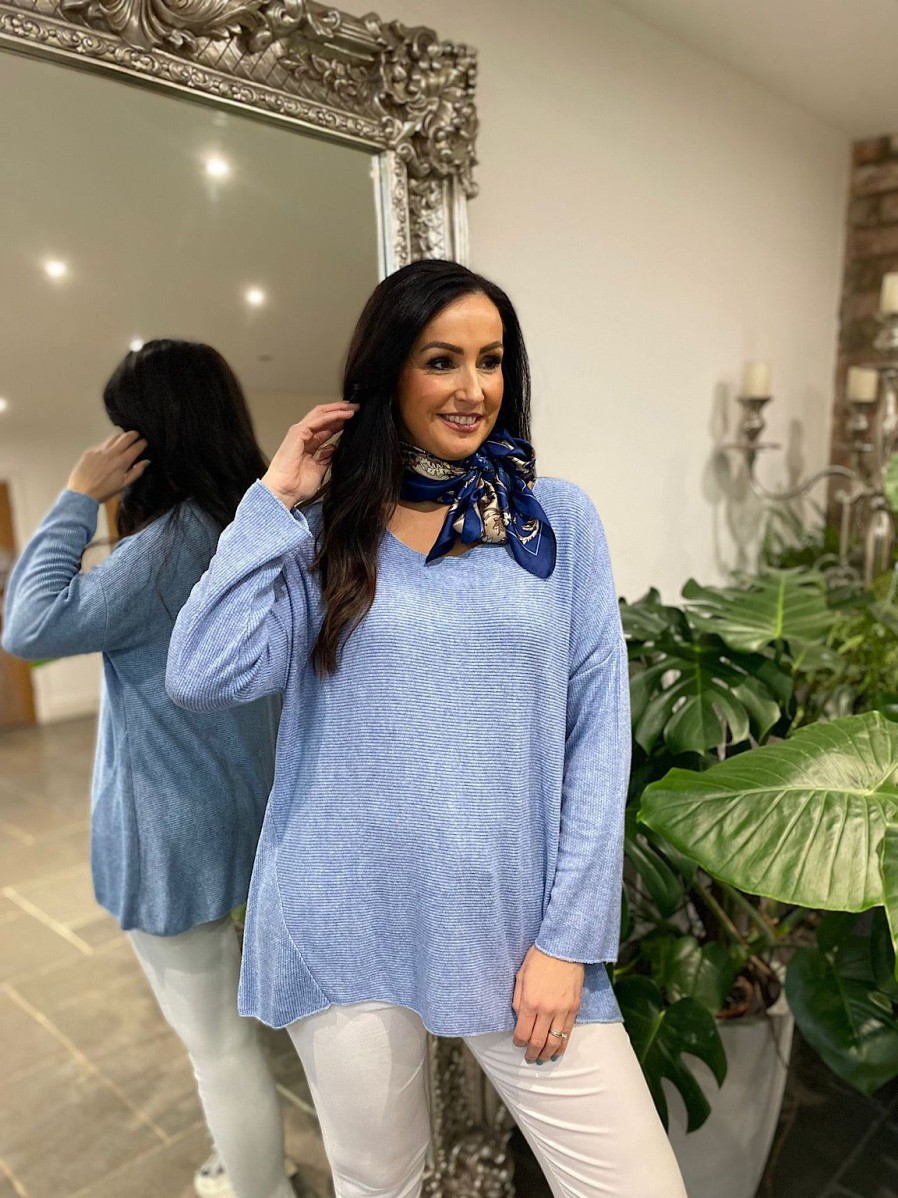 Clothing Tip Top Fashion | Denim Ribbed Knit Top Fifi