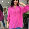 Clothing J-City Shirts & Blouses | Lipstick Pink Multi Hole Button Sleeve Blouse Val