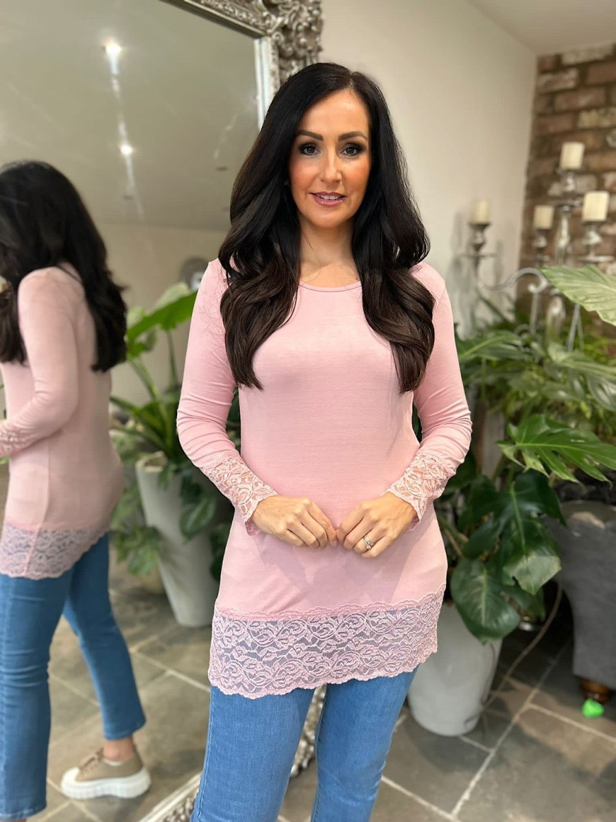 Clothing J&M Long Sleeve | Pink Lace Trim Round Neck Top Ruth