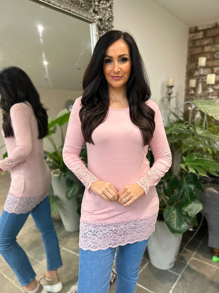 Clothing J&M Long Sleeve | Pink Lace Trim Round Neck Top Ruth