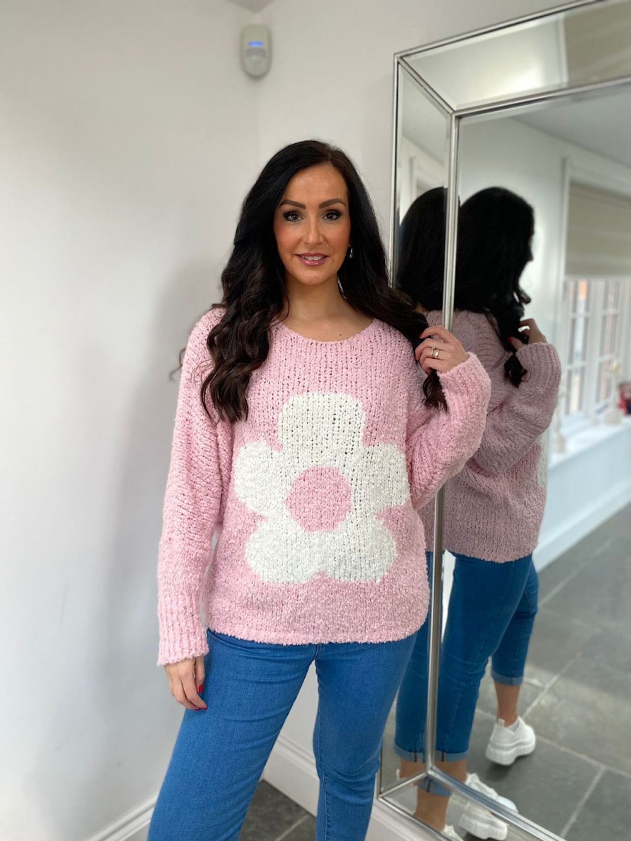 Clothing Paris Collection Chunky Knitwear | Pink Popcorn Knit Floral Jumper Delilah