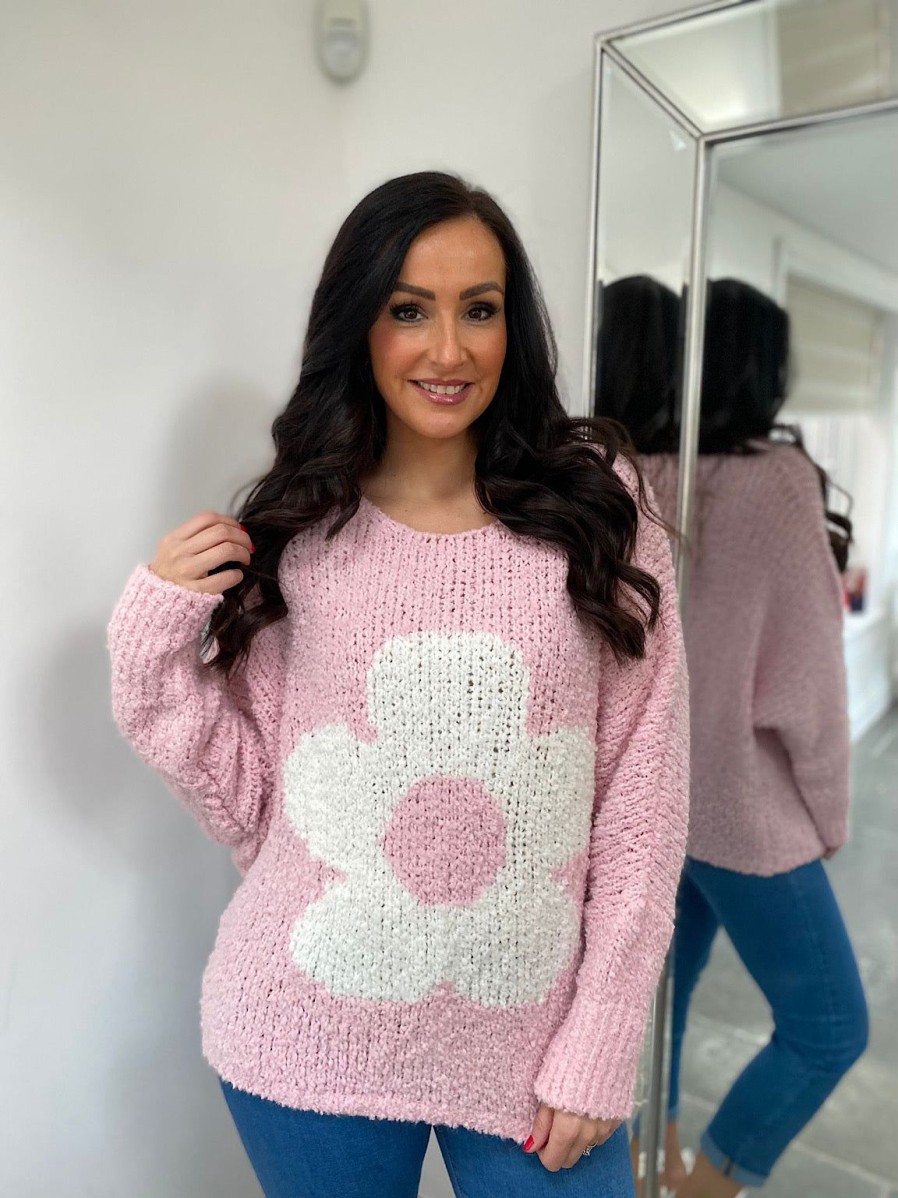 Clothing Paris Collection Chunky Knitwear | Pink Popcorn Knit Floral Jumper Delilah