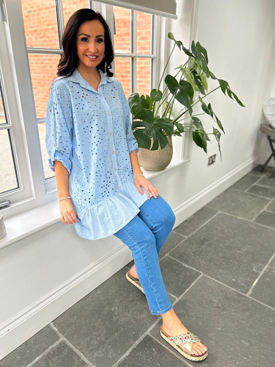 Clothing Elisa Ye Shirts & Blouses | Blue Broderie Anglaise Frill Hem Tunic Devon